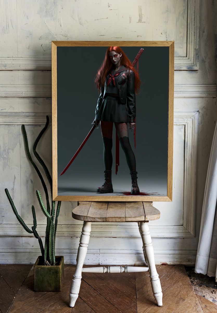 Gothic Schoolgirl Warrior Illustration Poster. — room view 1