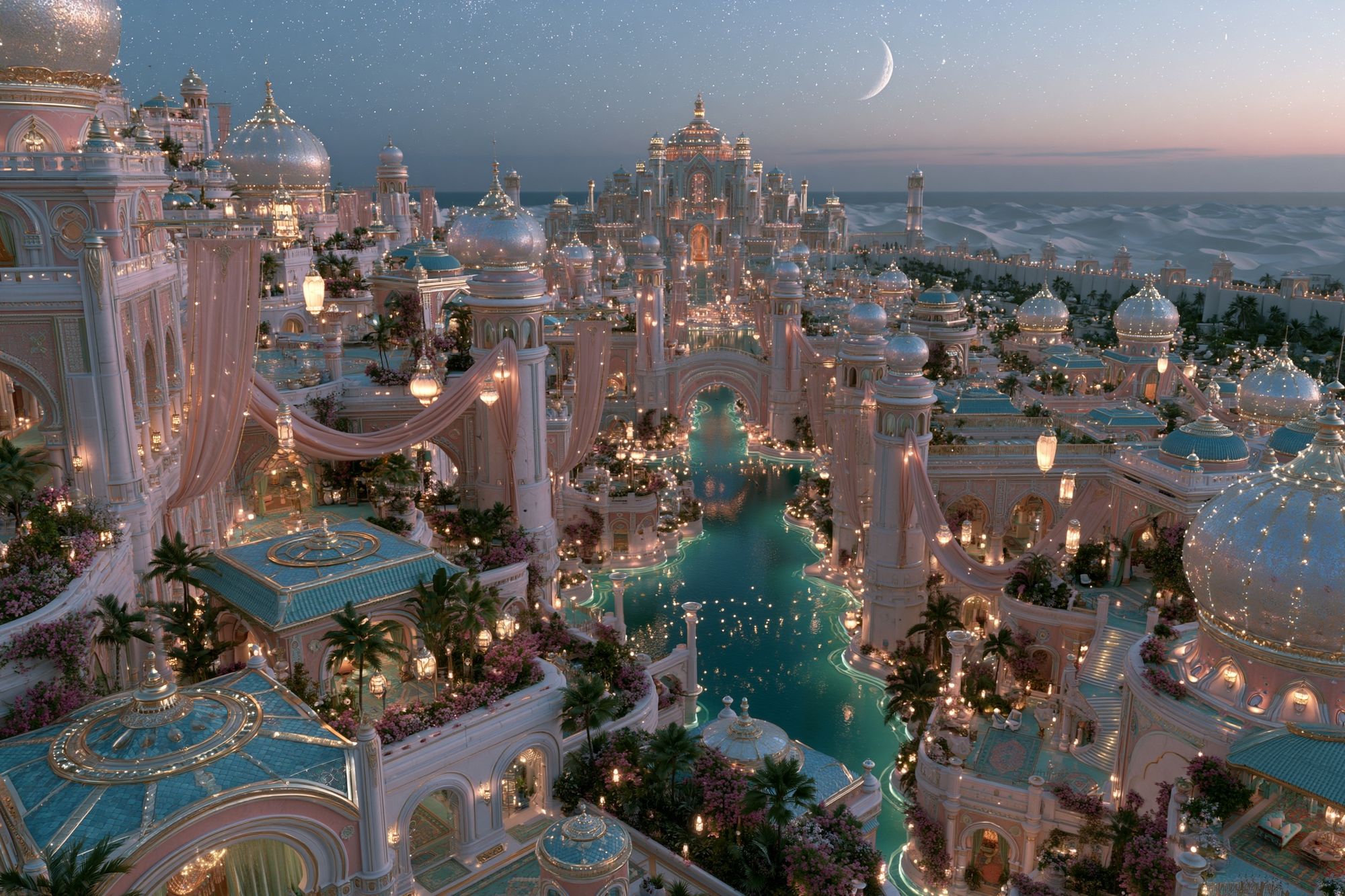 Moonlit Palace Cityscape Print. poster — illustration art