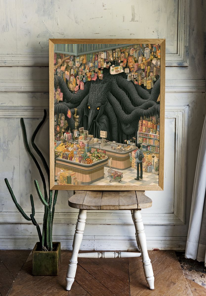 Surreal Grocery Monster Illustration Poster. — room view 1