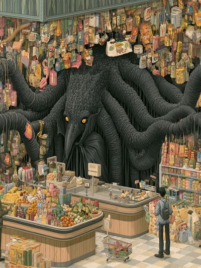 Surreal Grocery Monster Illustration Poster. poster