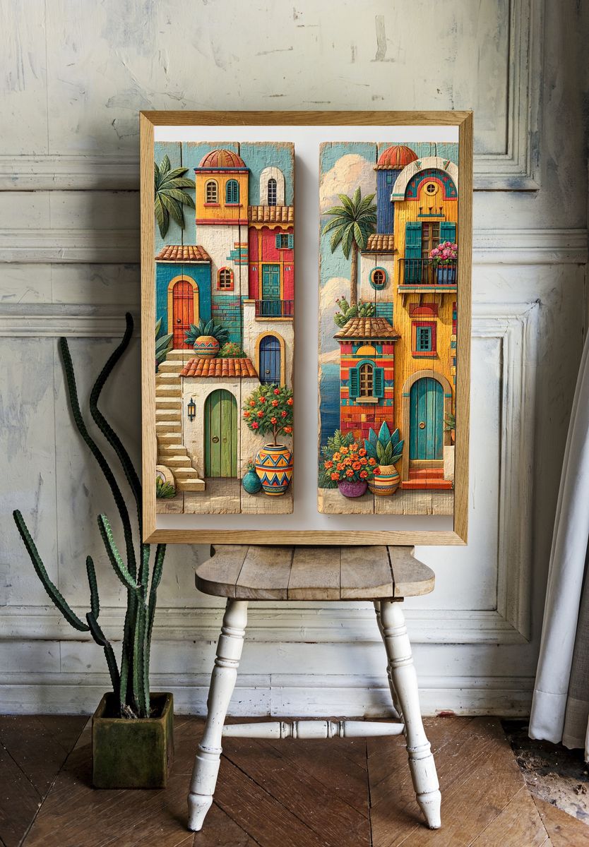 Colorful Mediterranean Houses Print. room preview