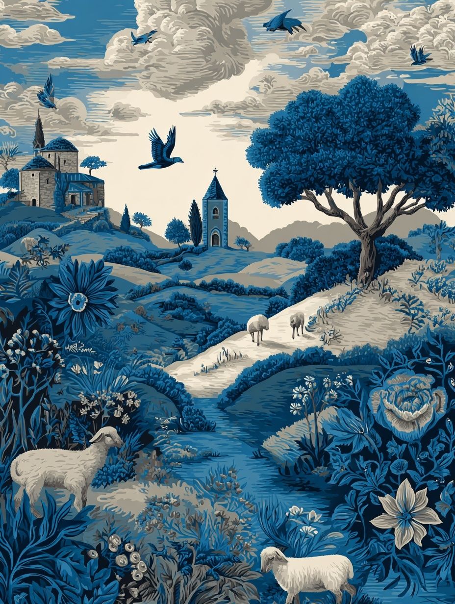 Blue Countryside Landscape Print. poster — illustration art