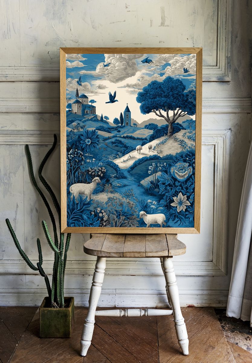 Blue Countryside Landscape Print. room preview