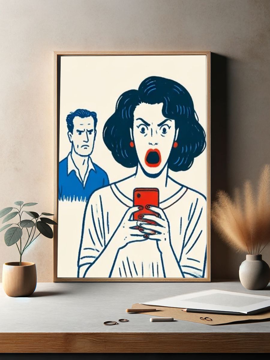 Shocked Woman with Phone Illustration Poster. — room view 2