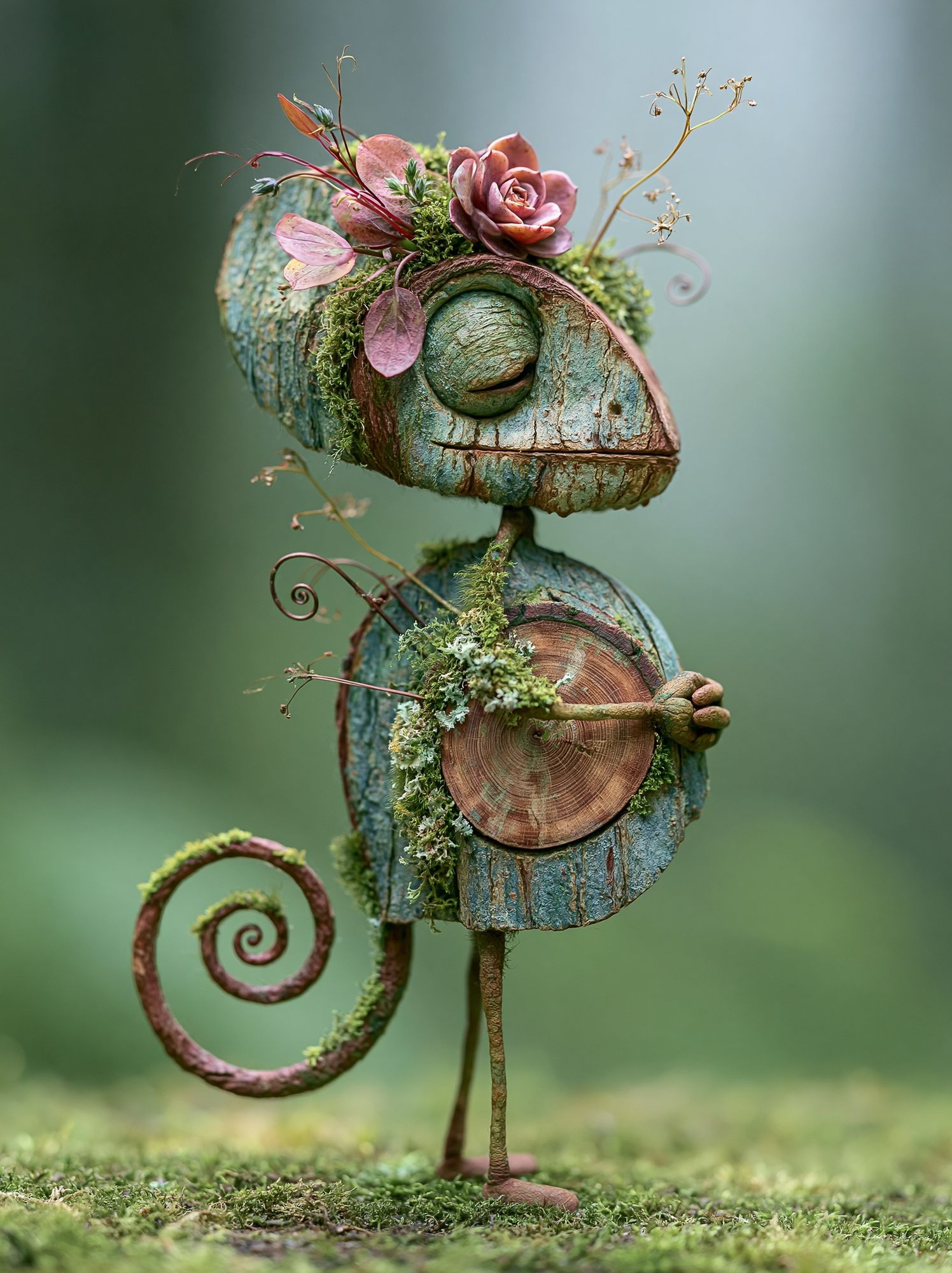 Whimsical Moss Chameleon Print. poster detail