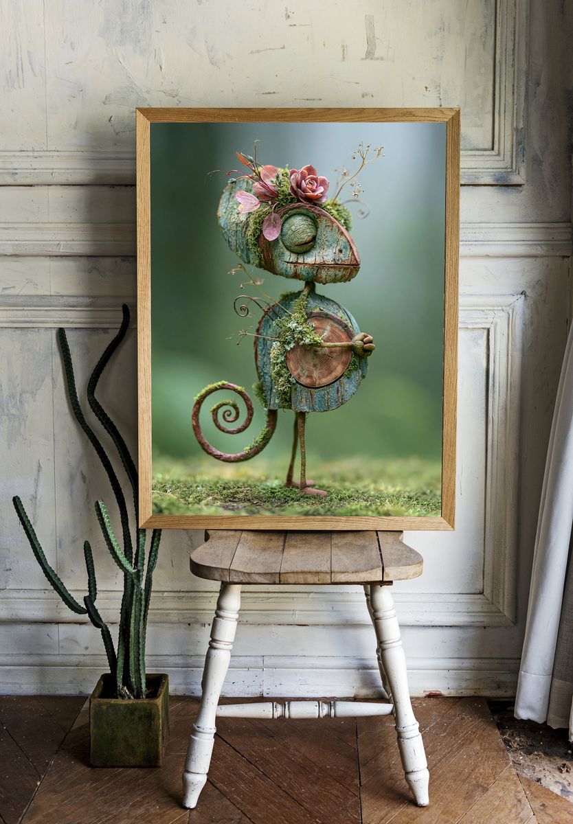 Whimsical Moss Chameleon Print. room preview