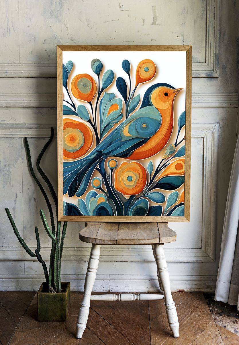 Colorful Bird Floral Illustration Poster. room preview