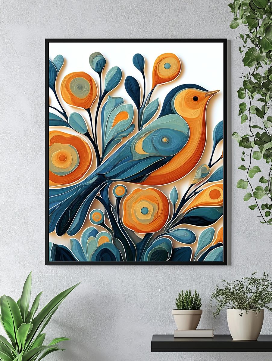 Colorful Bird Floral Illustration Poster. — room view 4