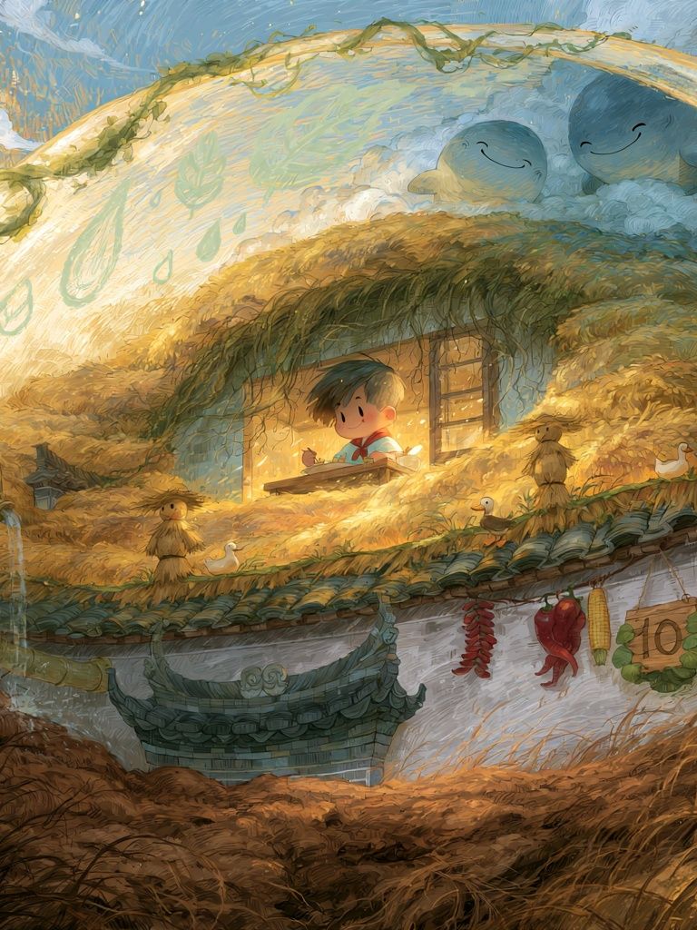 Whimsical Rooftop Village Print. poster — illustration art