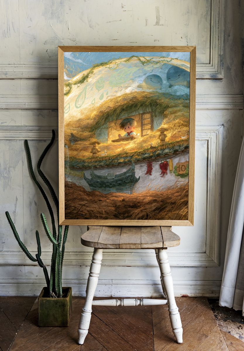 Whimsical Rooftop Village Print. — room view 1