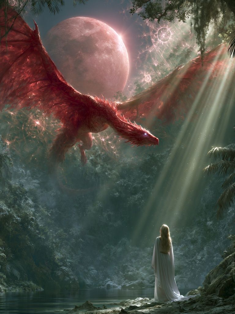 Dragon Moon Forest Fantasy Print. poster — illustration art
