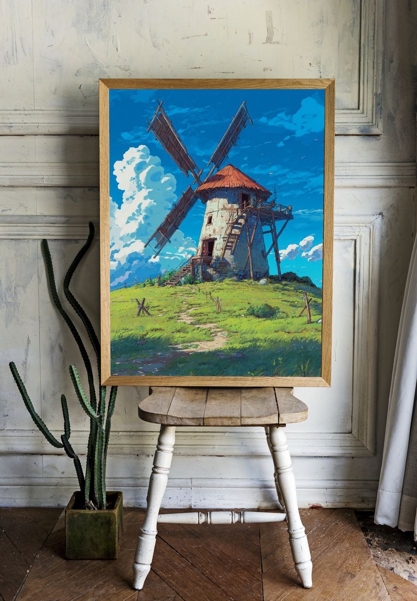 Windmill Meadow Illustration Poster. room preview