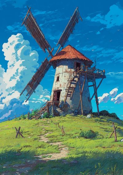 Windmill Meadow Illustration Poster.
