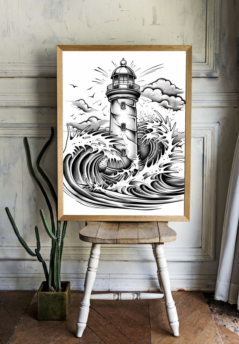 Lighthouse Wave Illustration Poster. — room view 1