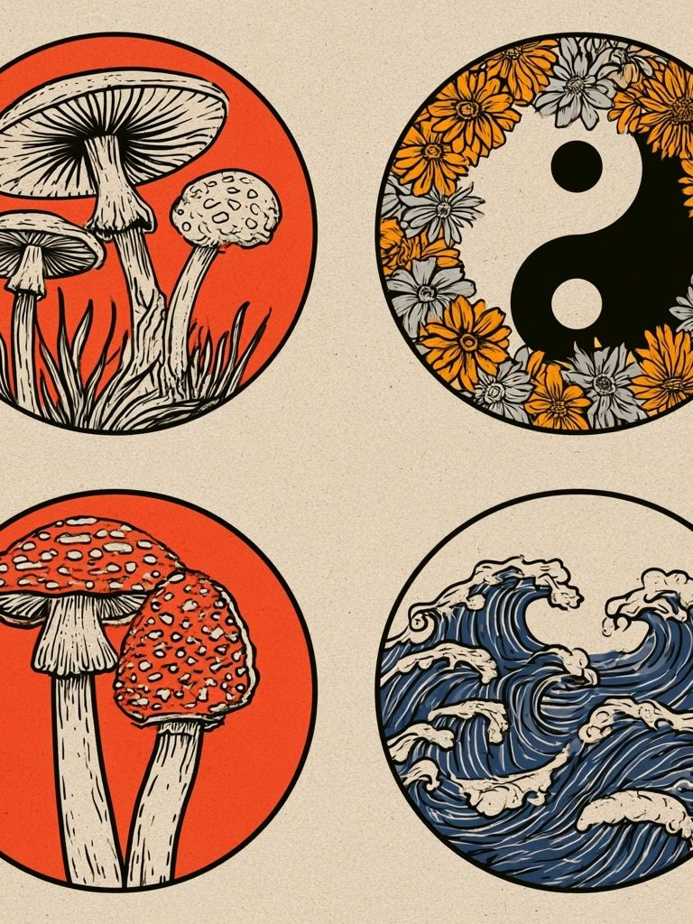 Mushroom and Waves Japanese Print. poster detail