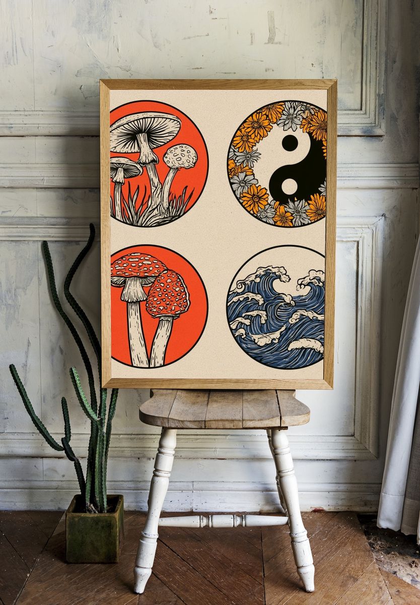 Mushroom and Waves Japanese Print. — room view 1