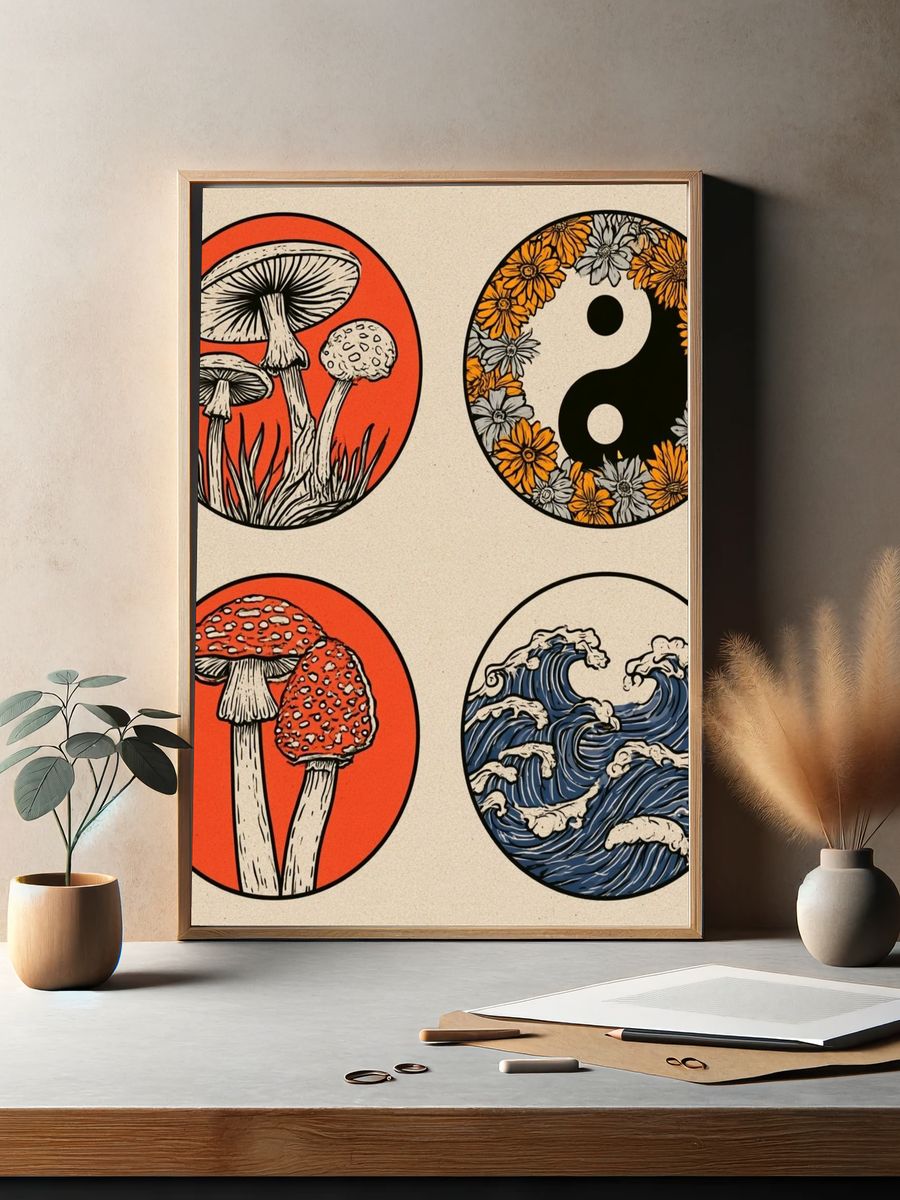Mushroom and Waves Japanese Print. — room view 2