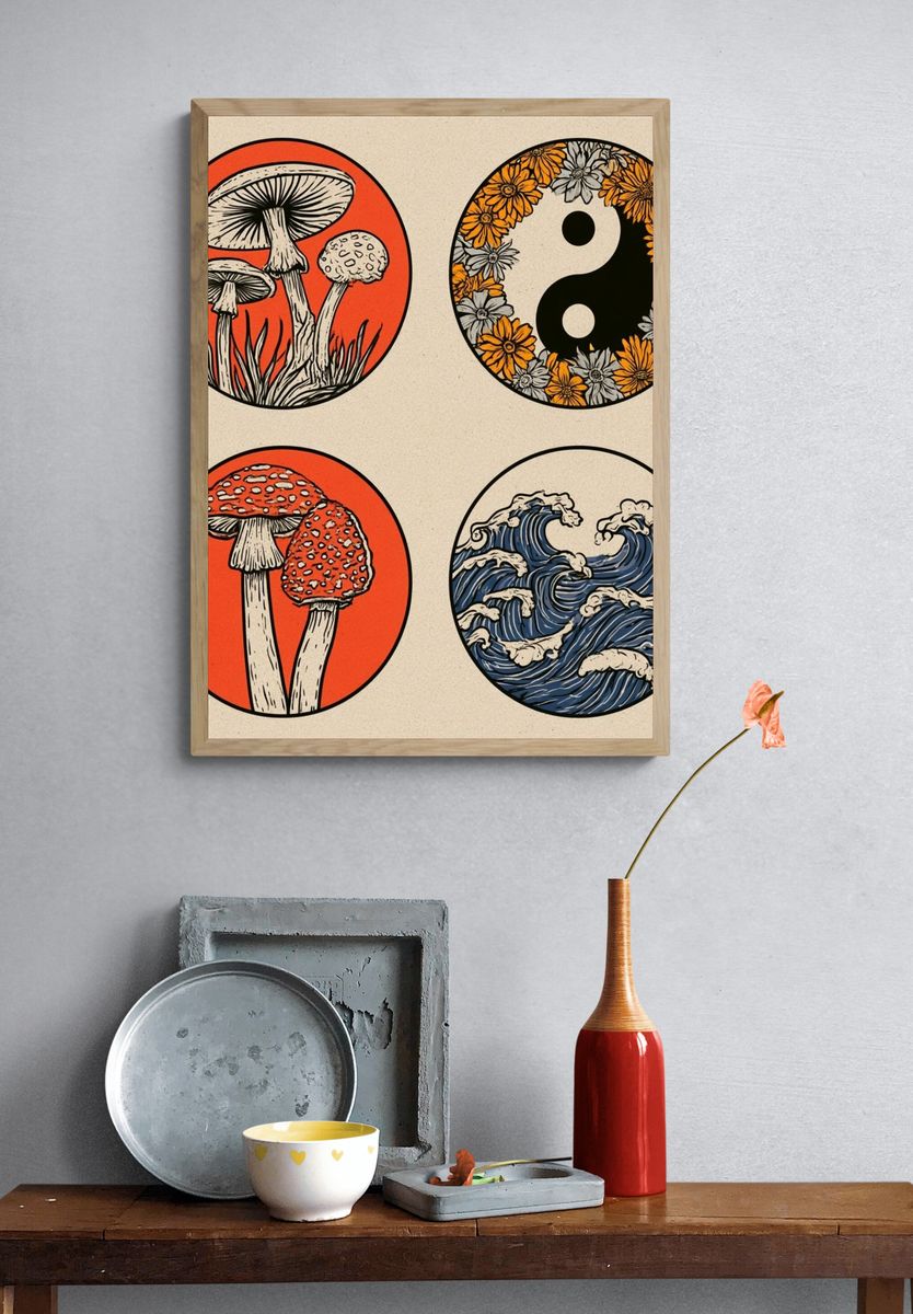 Mushroom and Waves Japanese Print. — room view 3