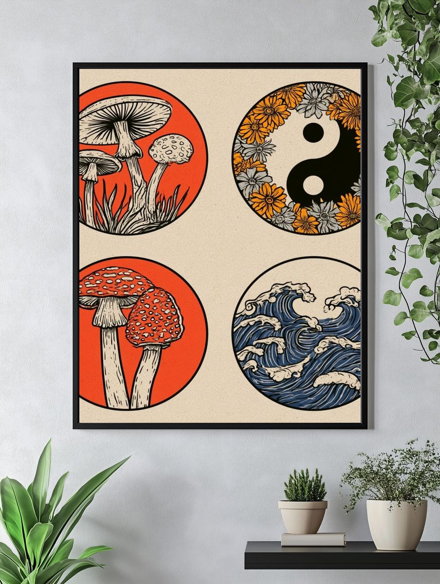 Mushroom and Waves Japanese Print. — room view 4