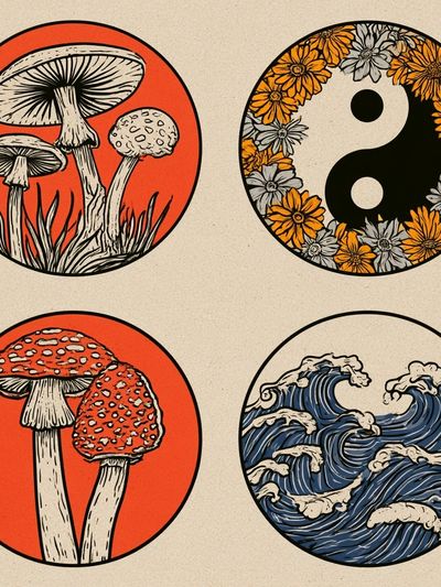 Mushroom and Waves Japanese Print. poster
