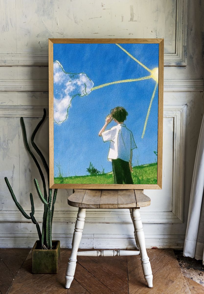 Boy Under Sunlit Sky Illustration Poster. — room view 1