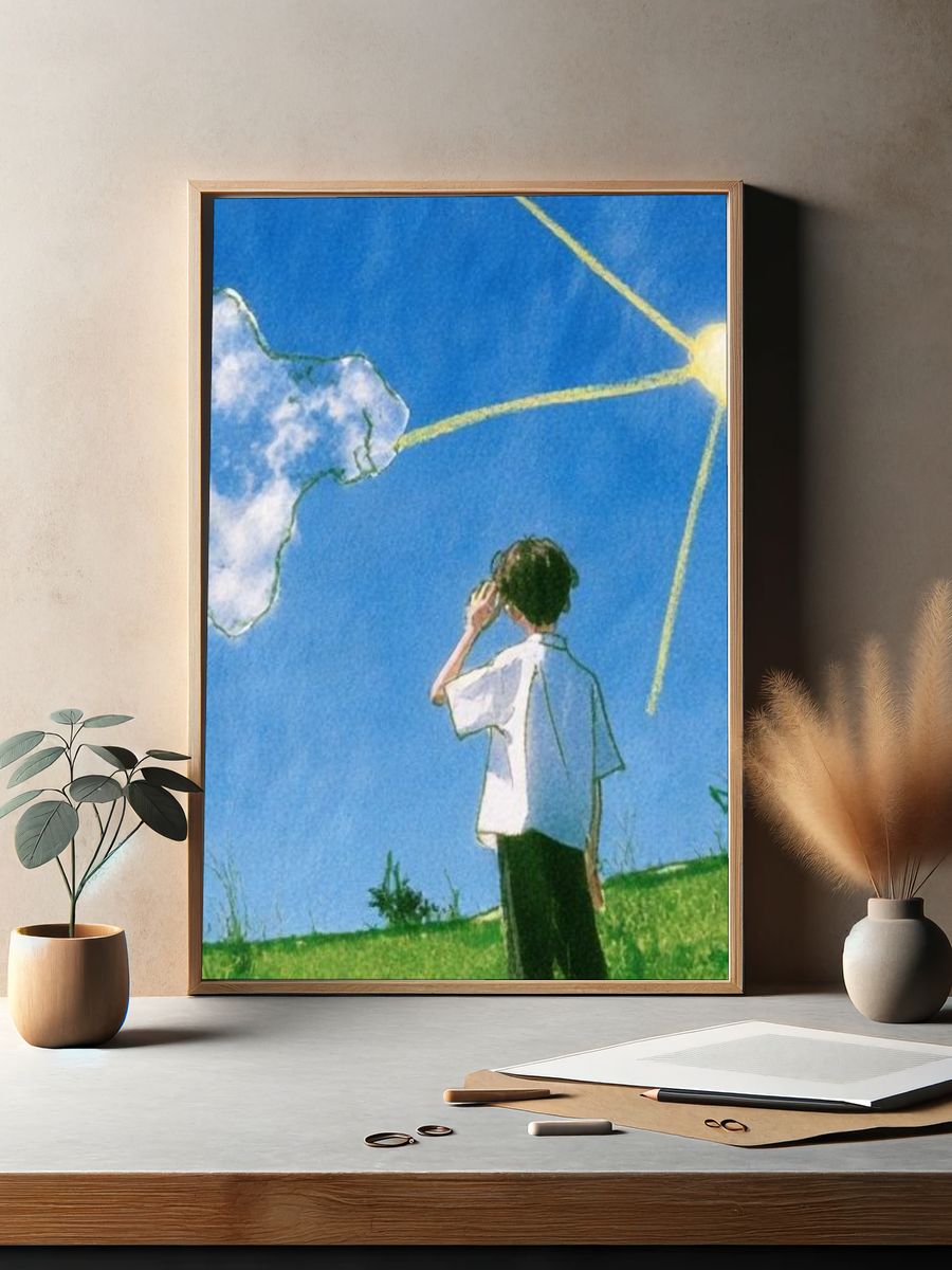 Boy Under Sunlit Sky Illustration Poster. — room view 2