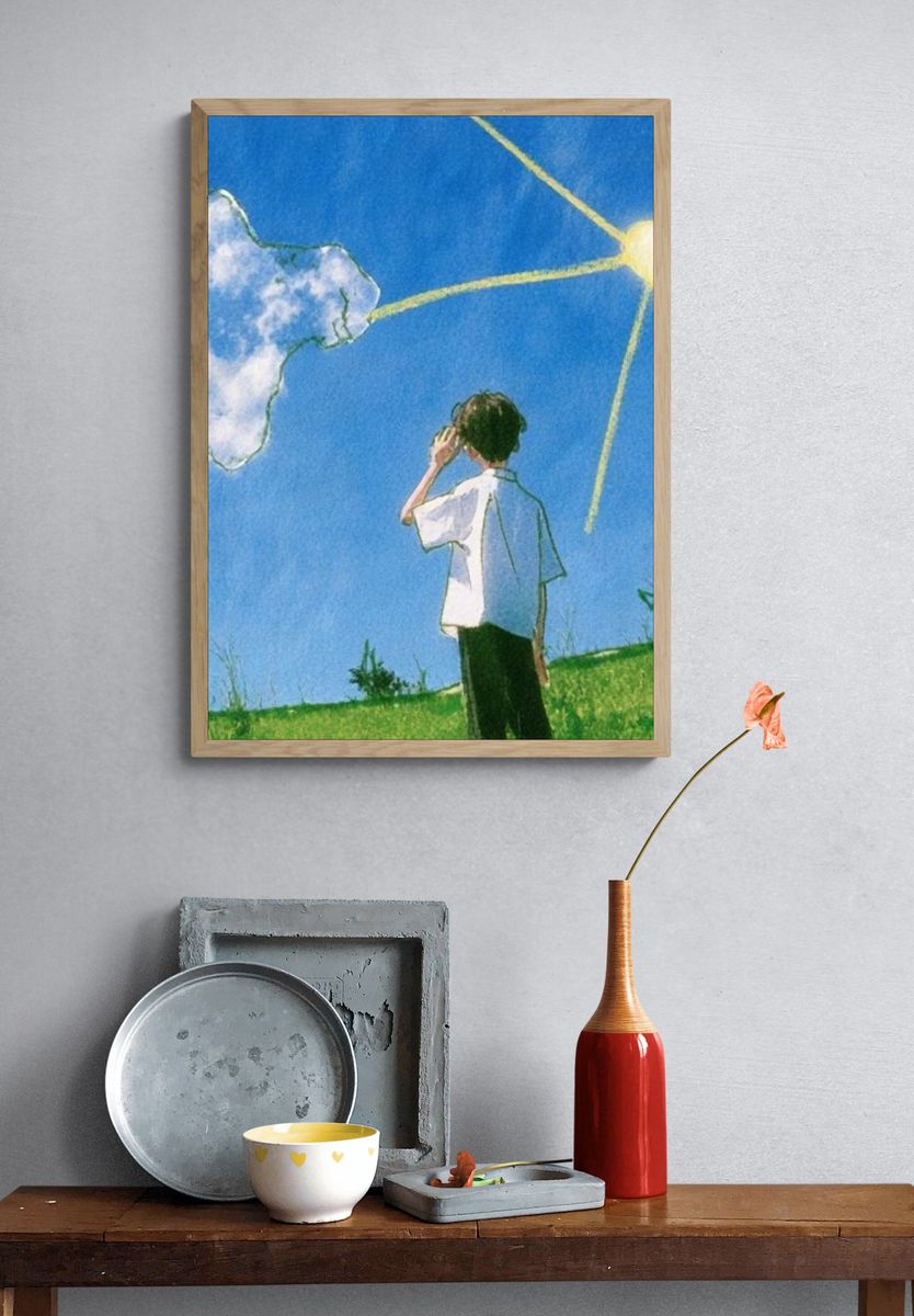 Boy Under Sunlit Sky Illustration Poster. — room view 3