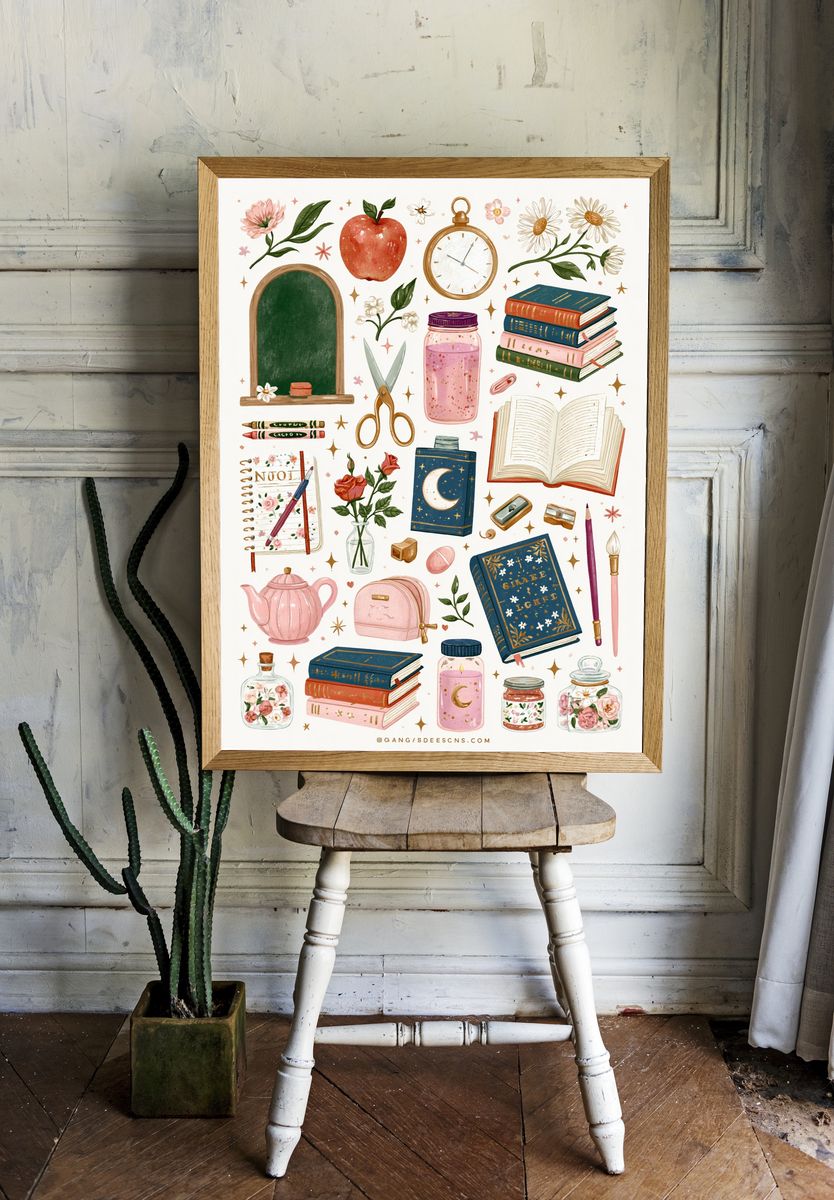 Whimsical Study Supplies Illustration Poster. room preview