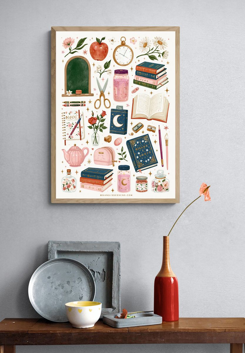 Whimsical Study Supplies Illustration Poster. — room view 3