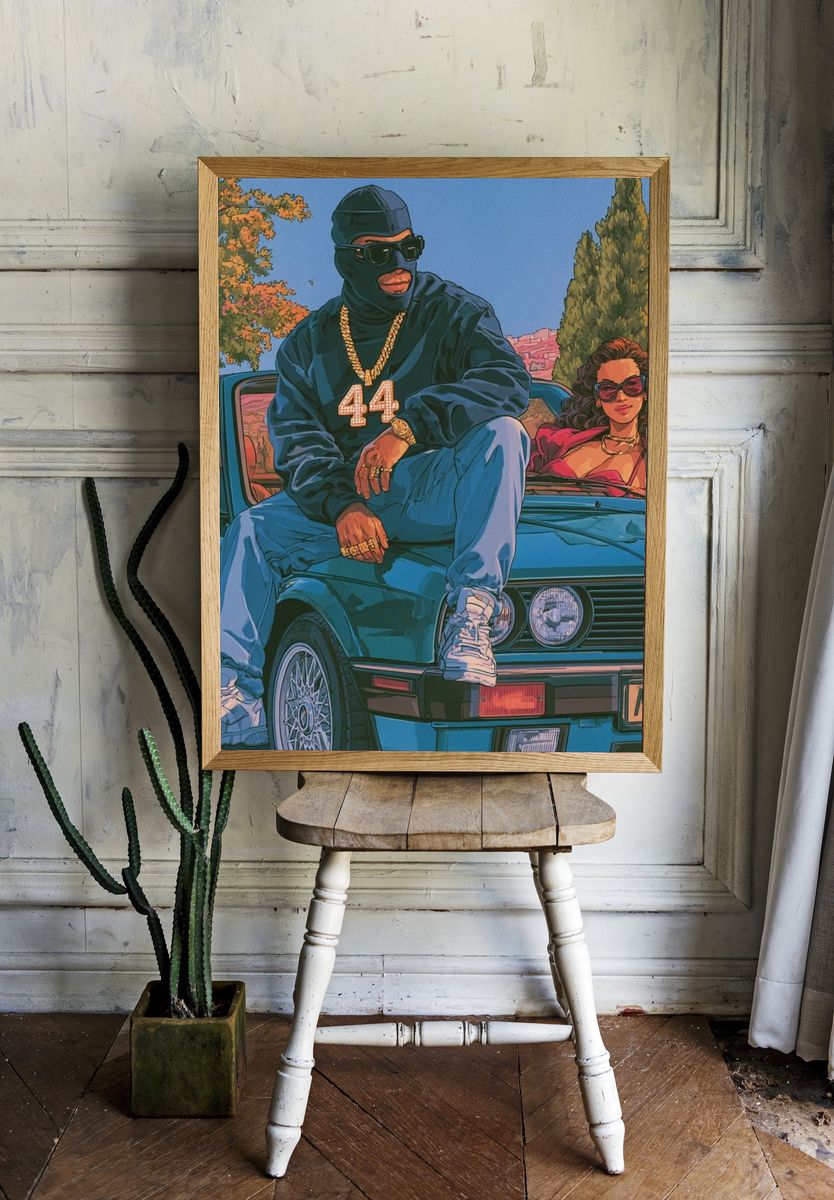 Luxury Car Couple Illustration Poster. — room view 1