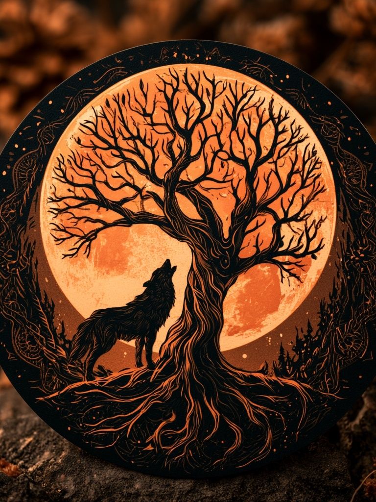 Moonlit Wolf and Tree Illustration Poster. poster detail