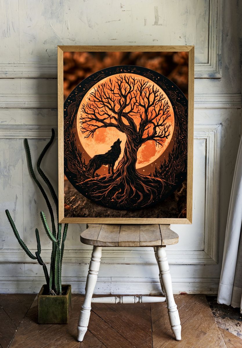 Moonlit Wolf and Tree Illustration Poster. room preview