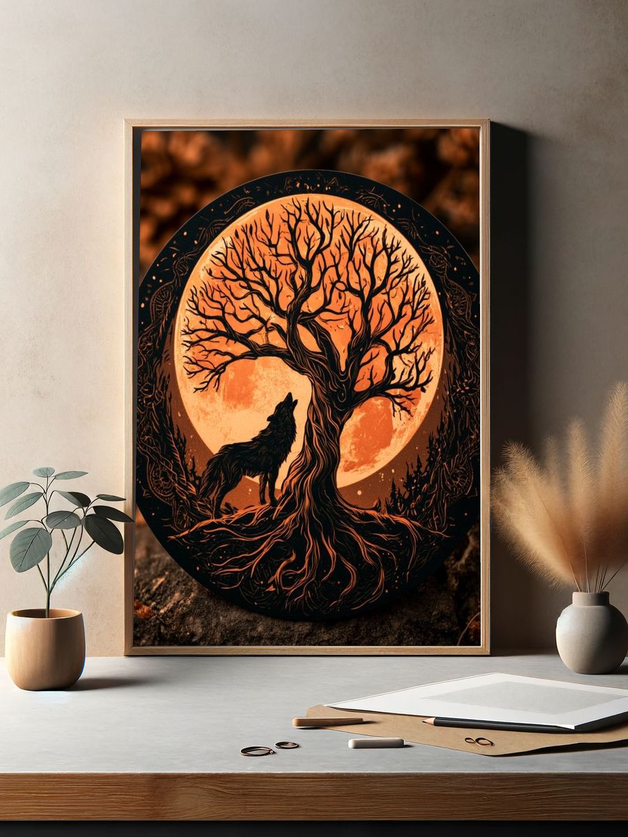Moonlit Wolf and Tree Illustration Poster. — room view 2