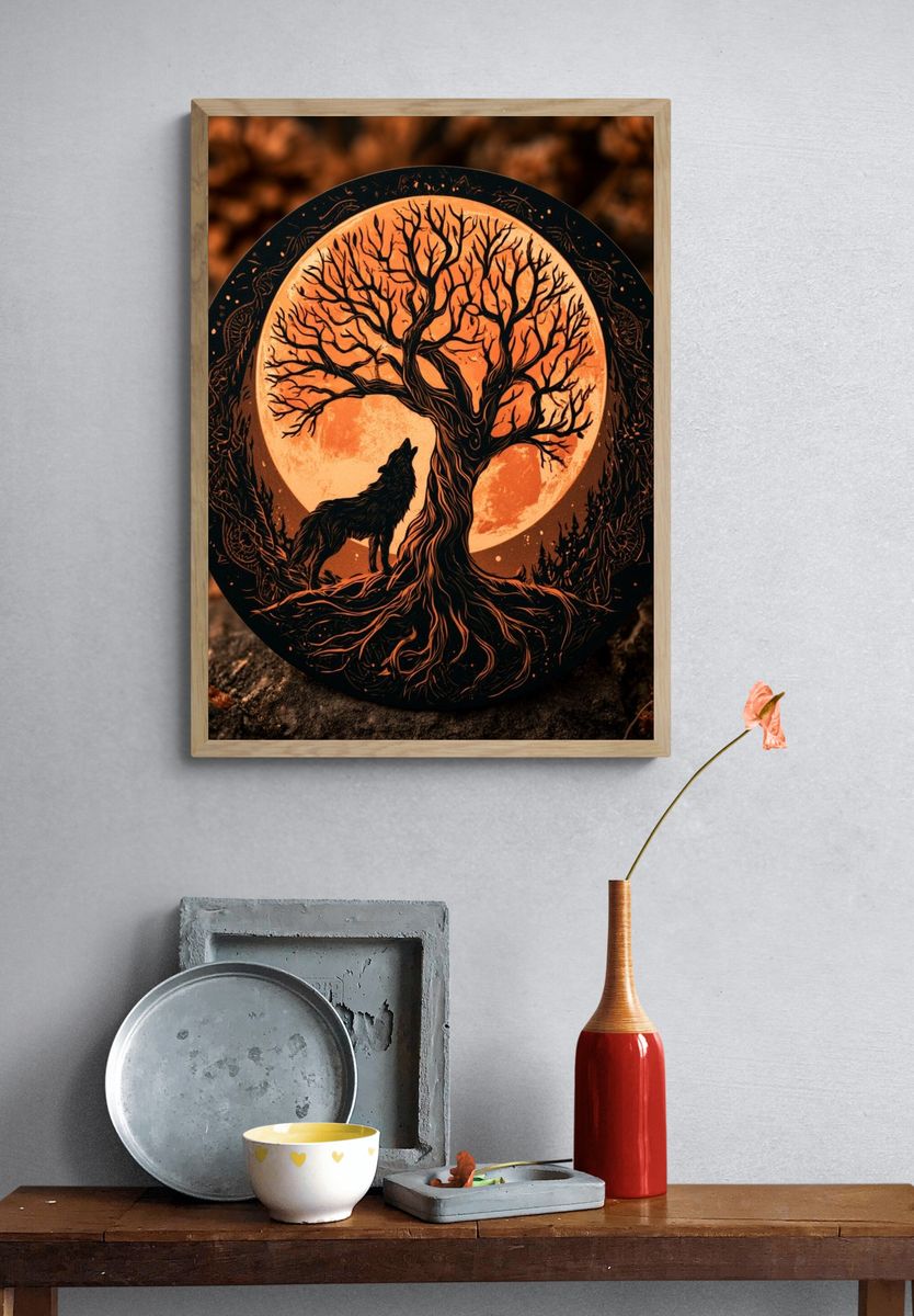 Moonlit Wolf and Tree Illustration Poster. — room view 3