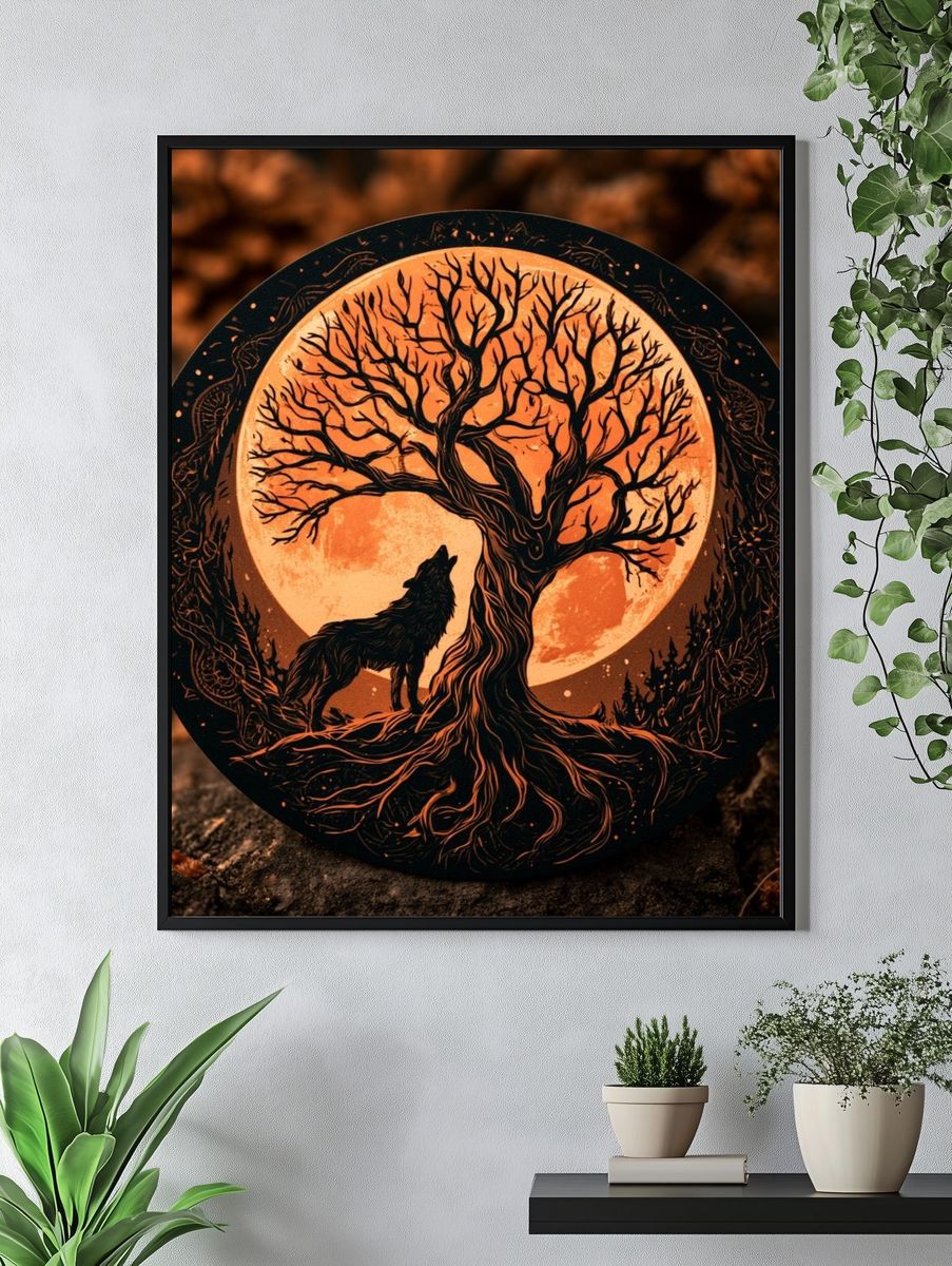 Moonlit Wolf and Tree Illustration Poster. — room view 4