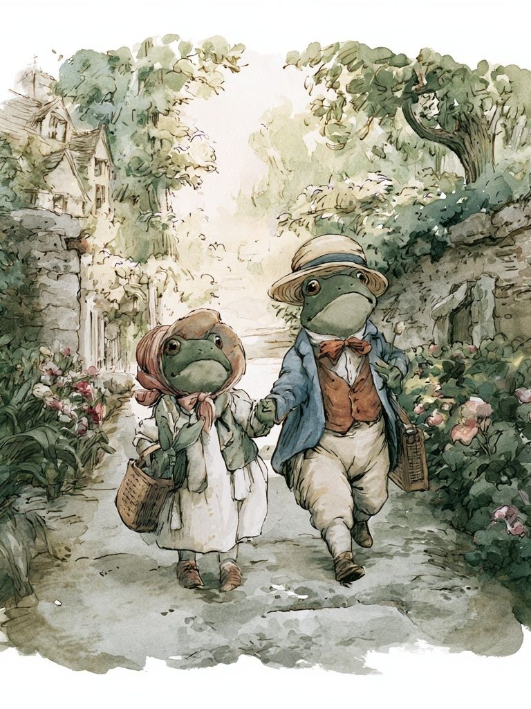 Frog Couple Garden Stroll Print. poster — illustration art