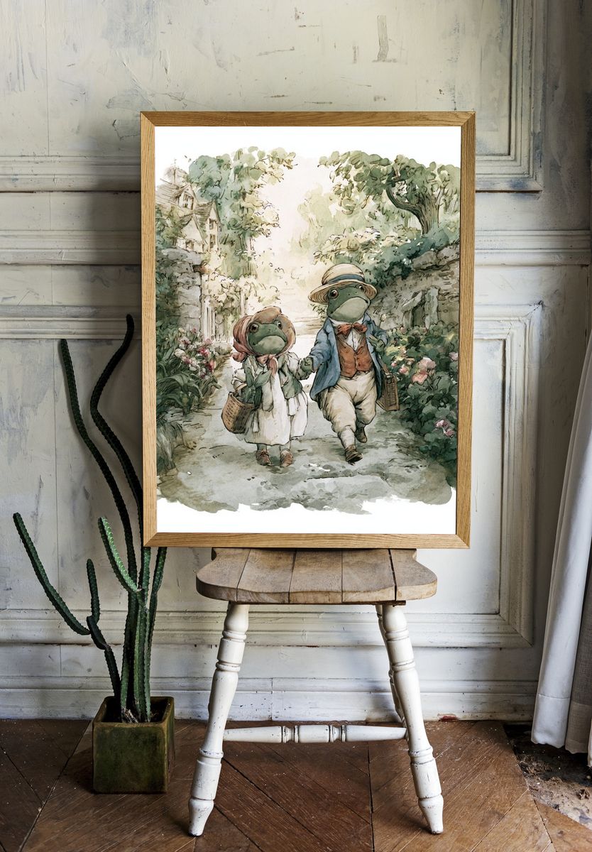 Frog Couple Garden Stroll Print. room preview