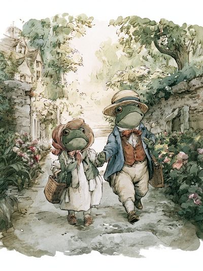 Frog Couple Garden Stroll Print. poster print