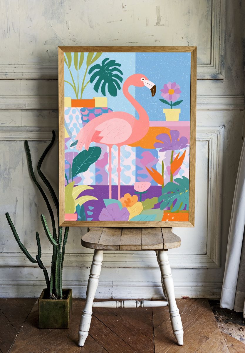 Pink Flamingo Tropical Illustration Poster. room preview