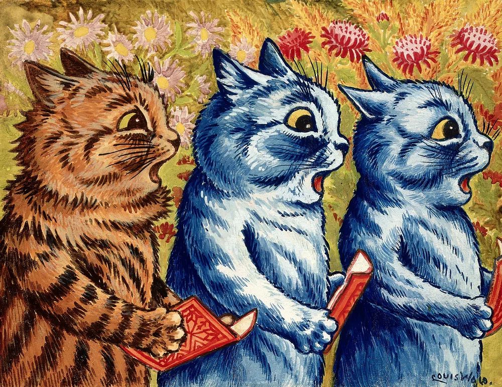 Three cats singing. Gouache Louis. poster — illustration art
