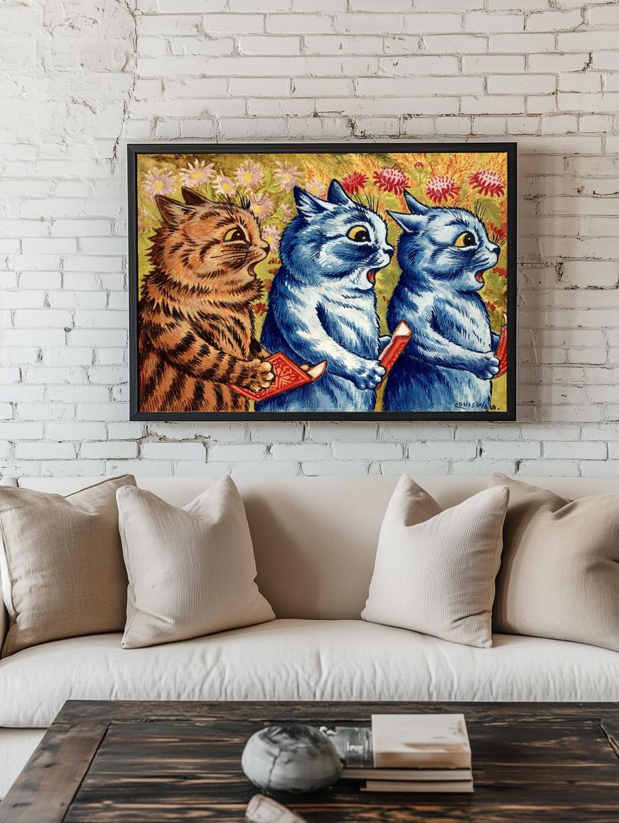 Three cats singing. Gouache Louis. room preview