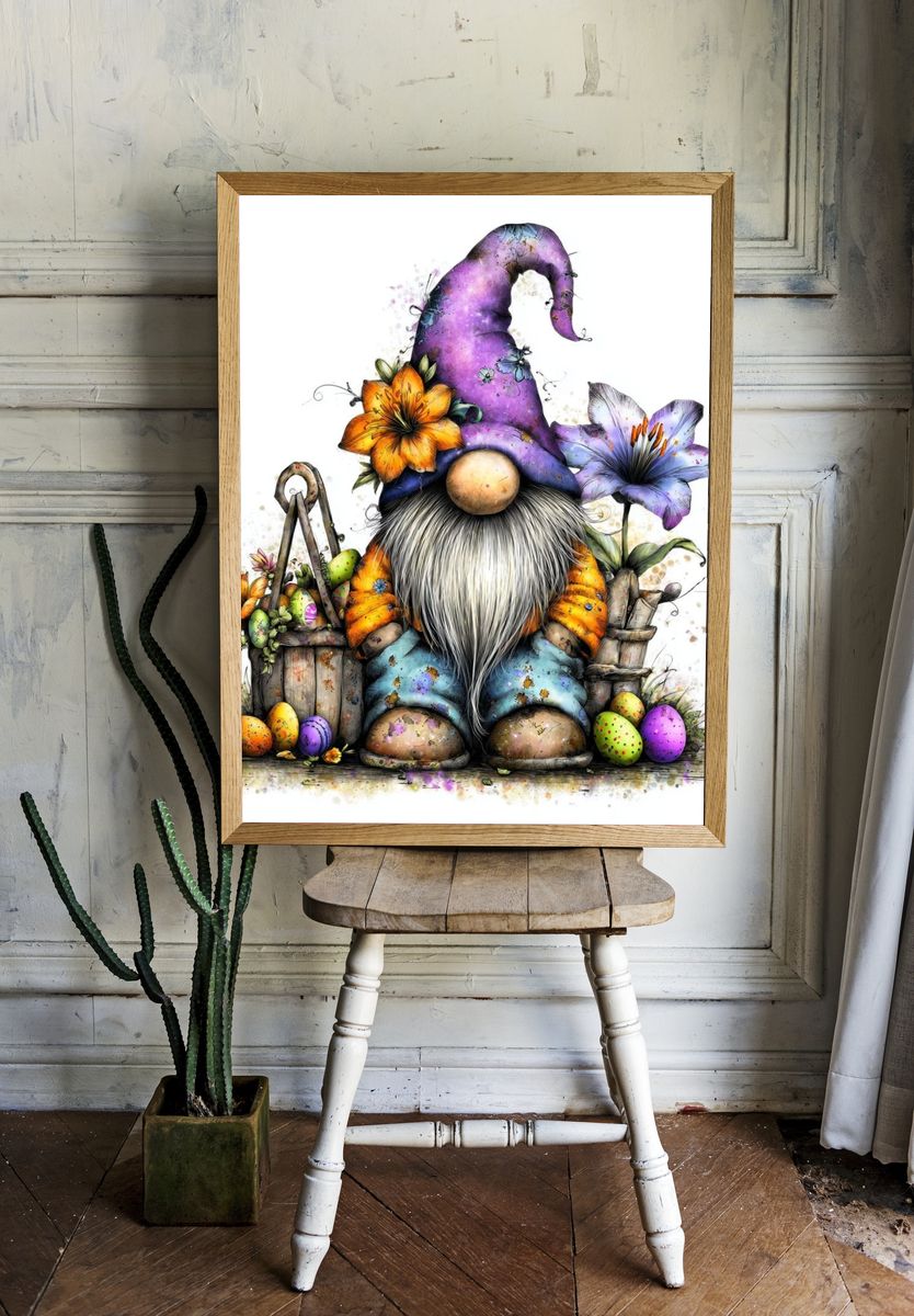 Easter Gnome Floral Illustration Poster. — room view 1