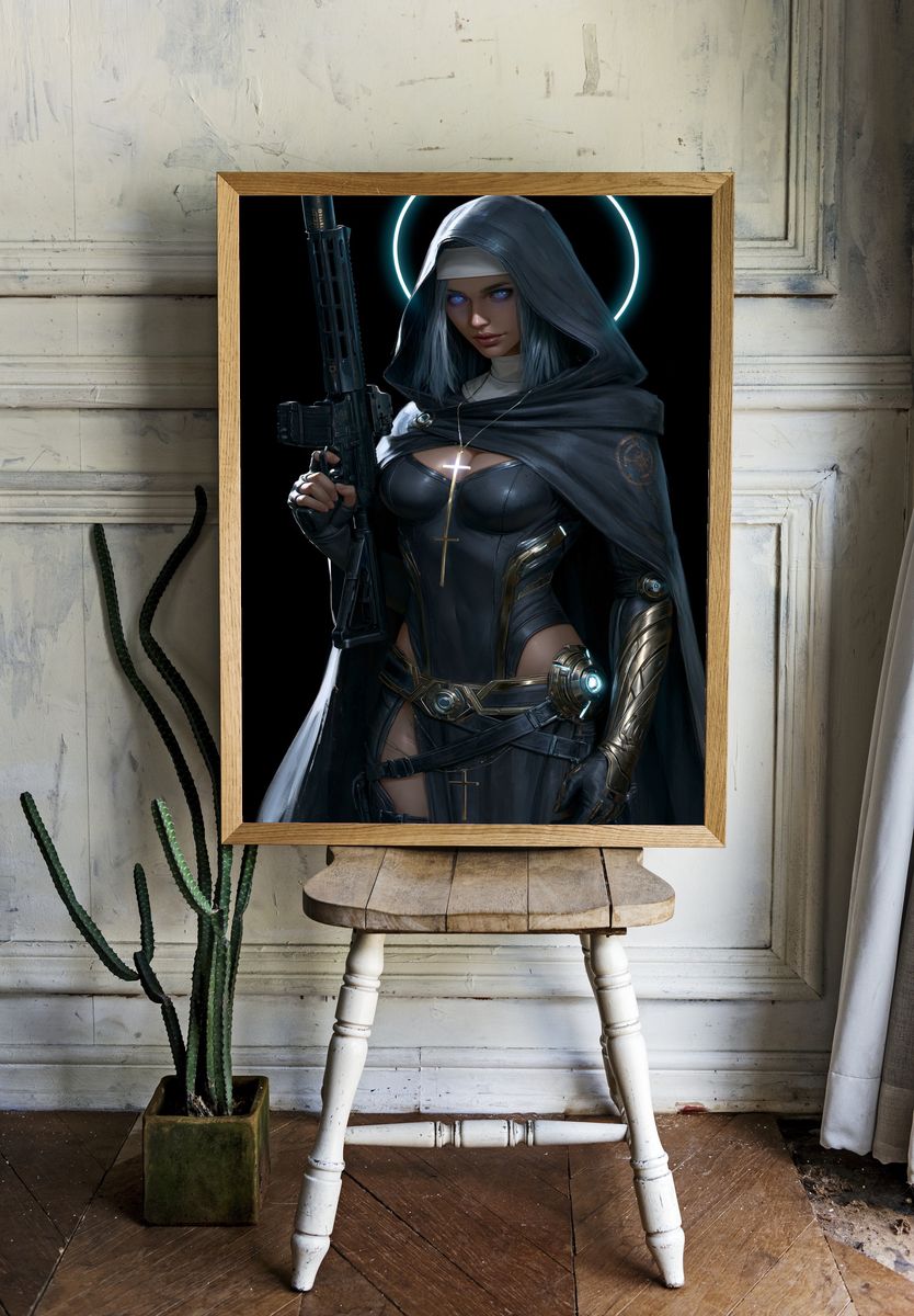 Cyber Nun Warrior Illustration Poster. room preview