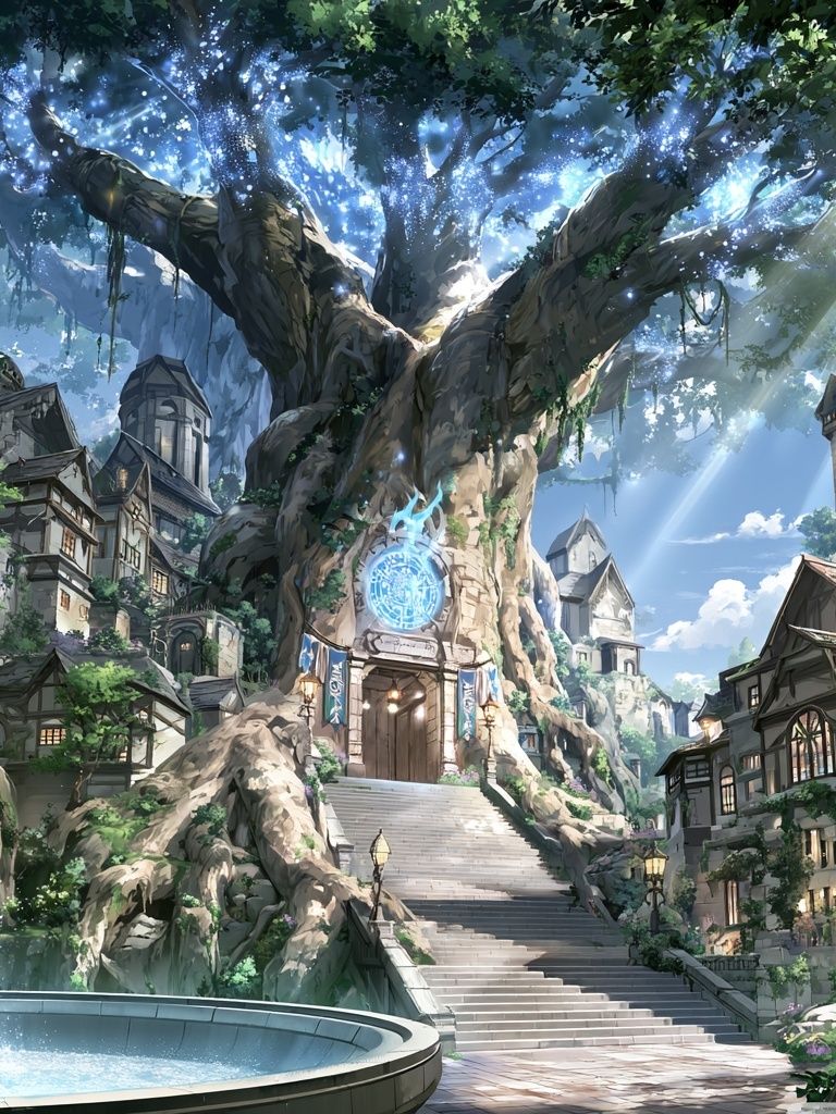 Enchanted Tree Village Fantasy Print. poster detail
