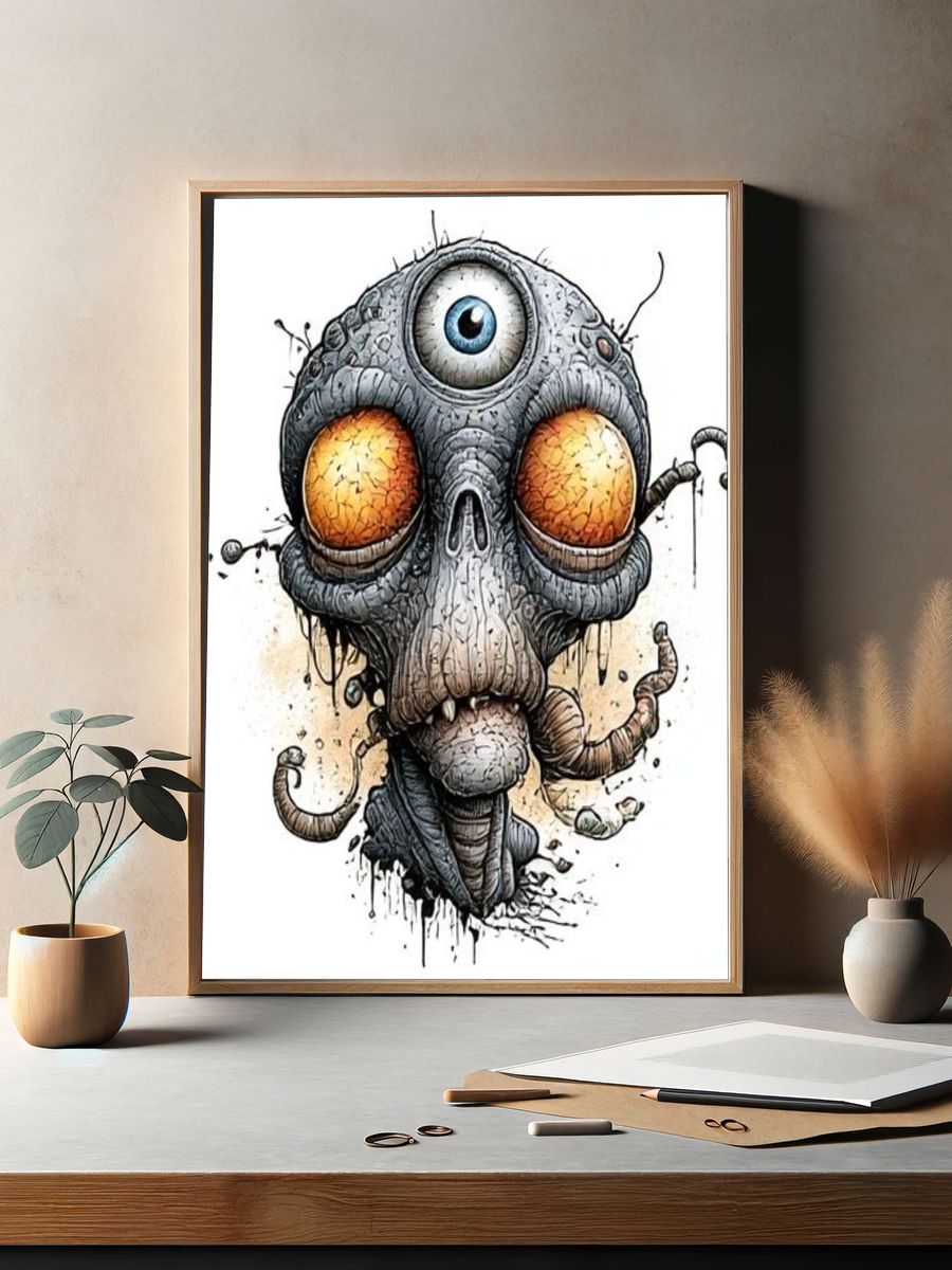 Surreal Alien Skull Illustration Poster. — room view 2