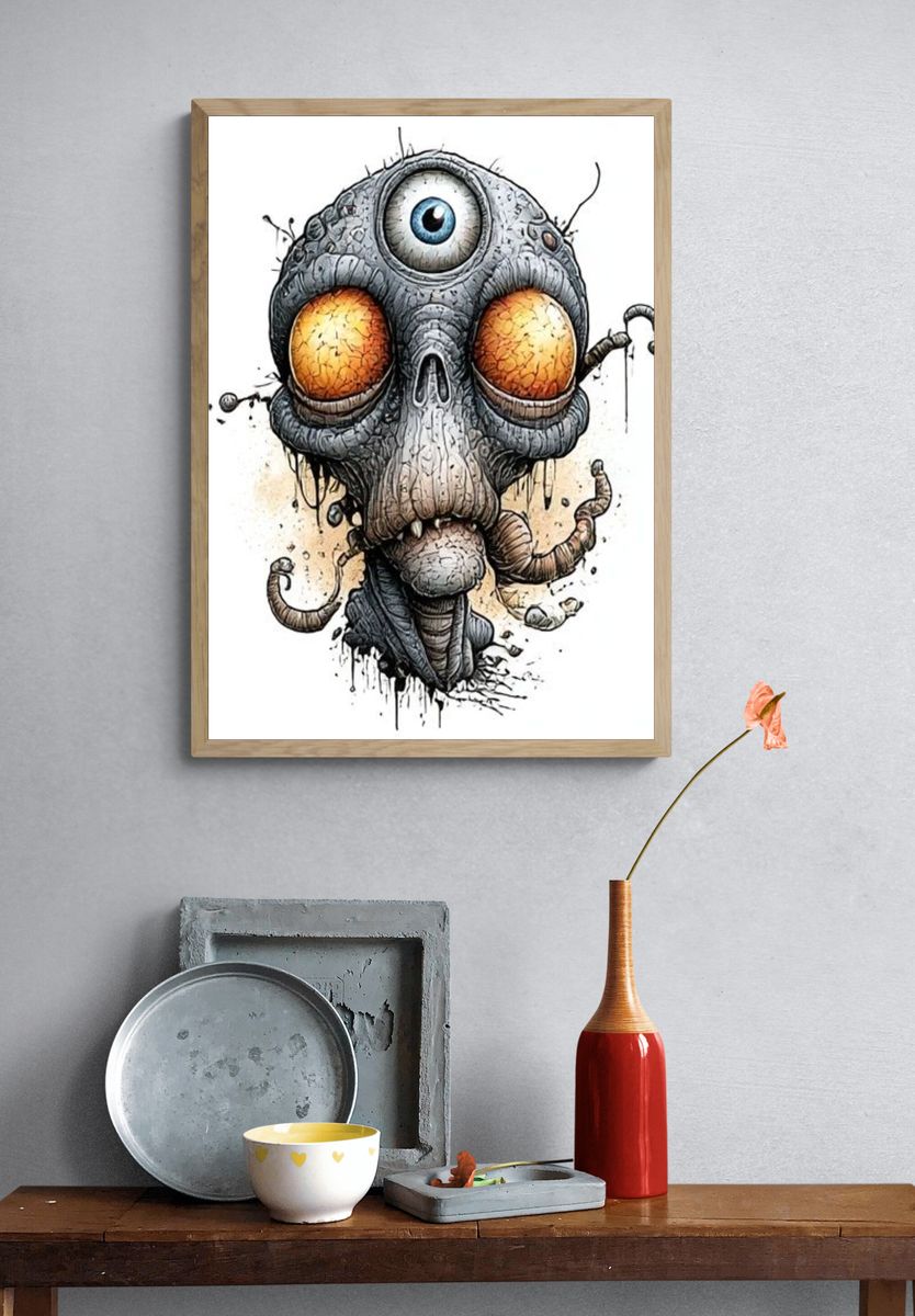 Surreal Alien Skull Illustration Poster. — room view 3