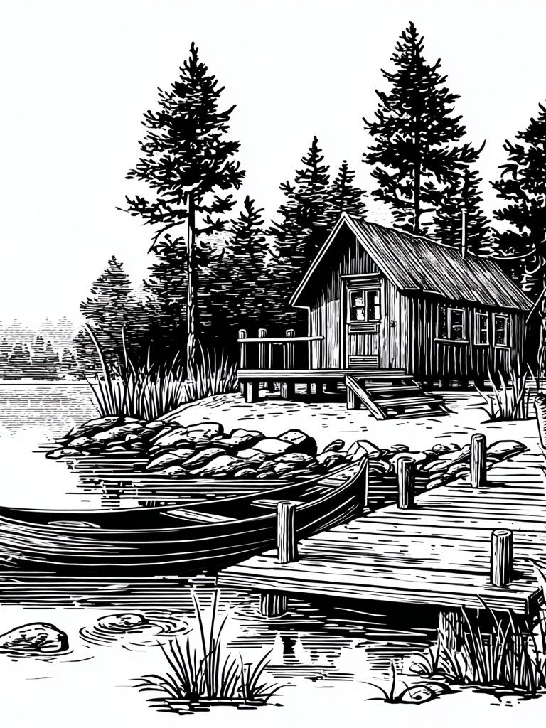 Lakeside Cabin Line Art Poster. poster — illustration art