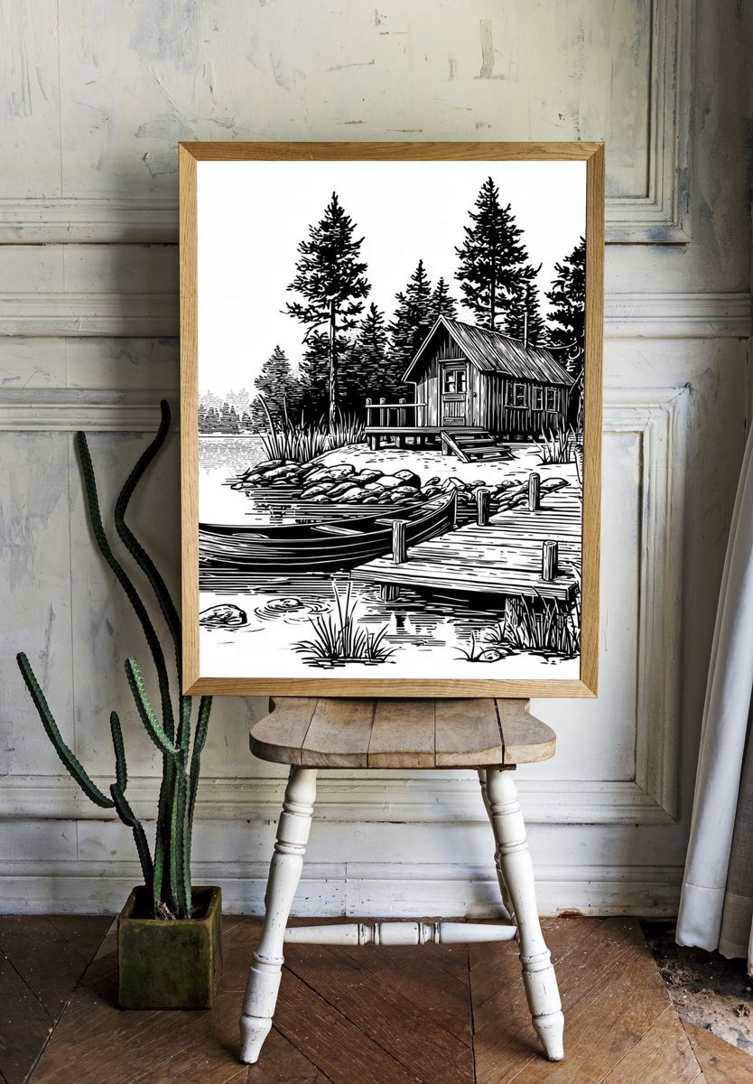 Lakeside Cabin Line Art Poster. room preview