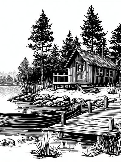 Lakeside Cabin Line Art Poster.