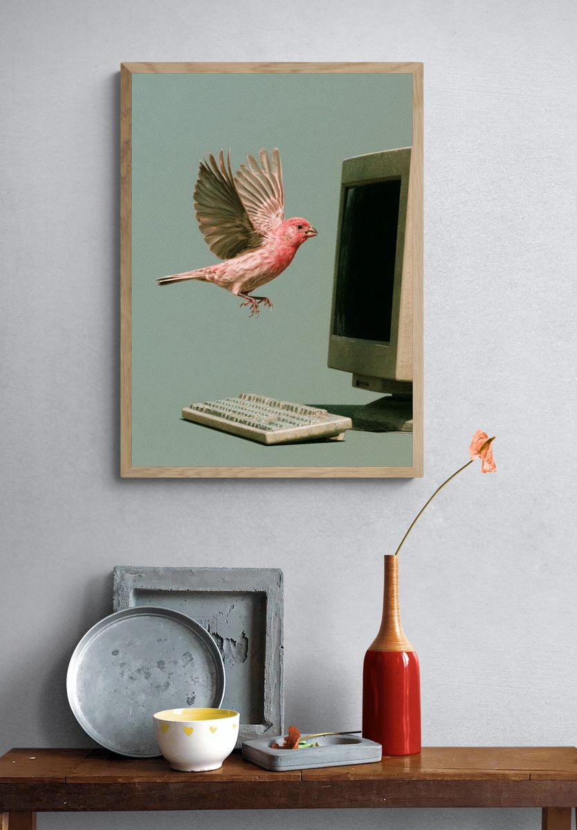 Pink Bird Computer Surrealism Print. — room view 3
